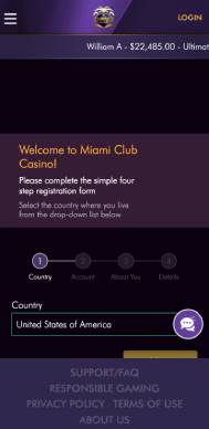 Miami Club Casino registration screenshot