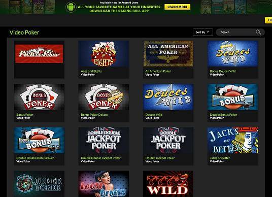 Raging Bull Casino video poker screenshot