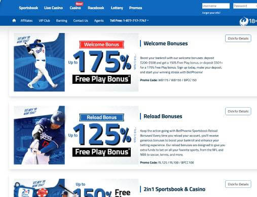 BetPhoenix Casino and Sportsbook promotions screenshot