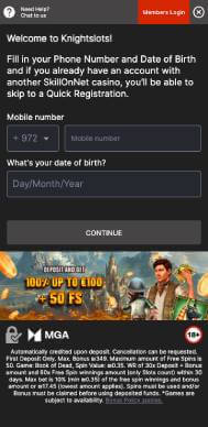 Knightslots Casino signup screenshot