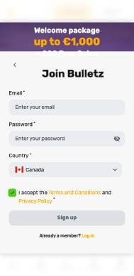 Bulletz Casino screenshot signup