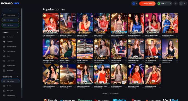 MonacoJack Casino live games screenshot
