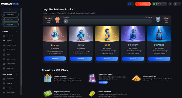 MonacoJack Casino loyalty screenshot