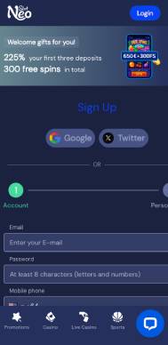 NeoSlot Casino signup screenshot