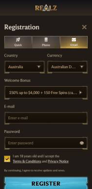 Realz Casino registration screenshot